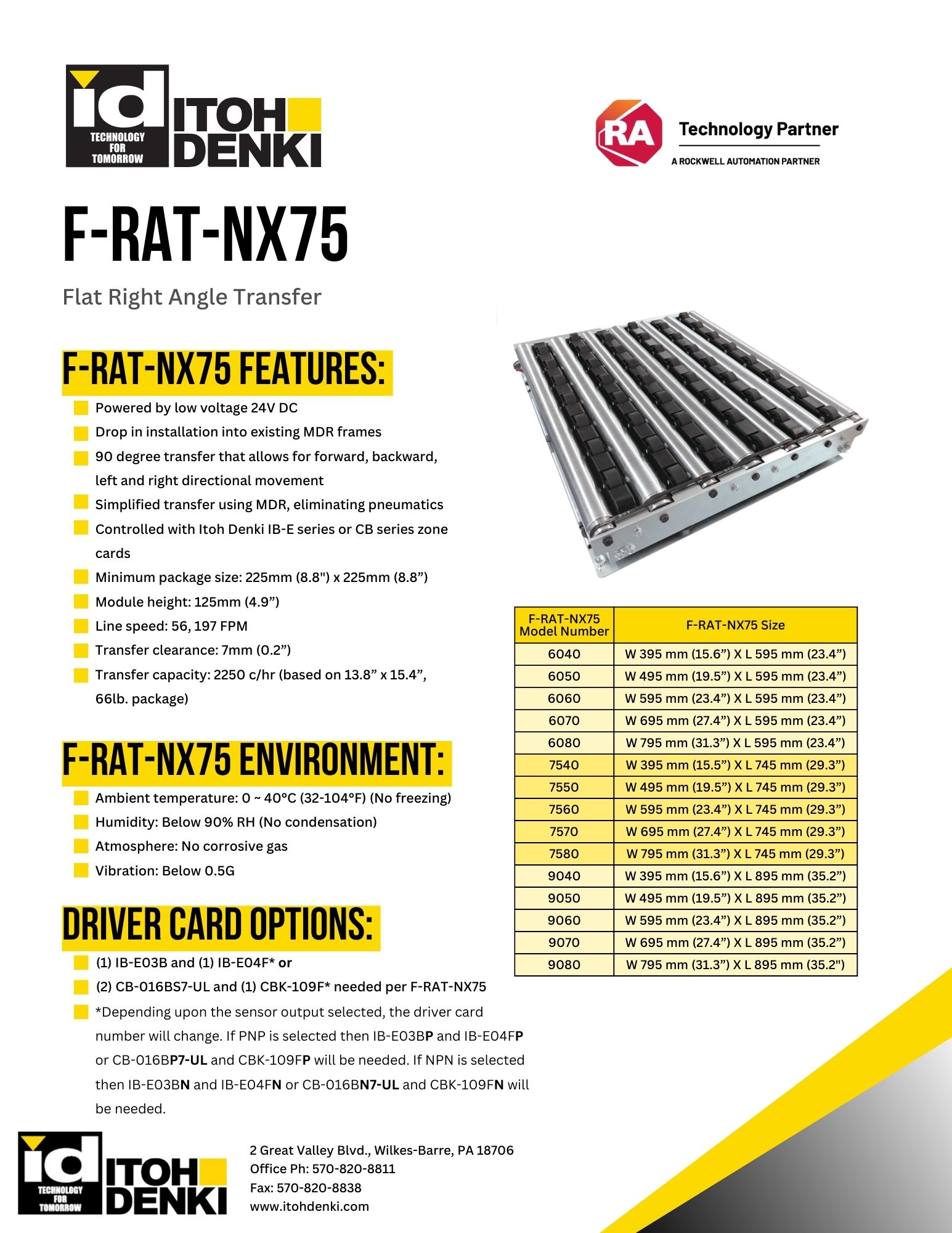 Itoh Denki Flat Right Angle Transfer (F-RAT-NX75) conveyor module product sheet